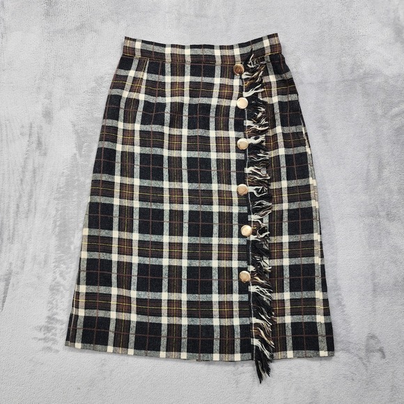 Dresses & Skirts - Vintage Skirt Women XXS Black Brown Plaid Pencil Faux Wrap Button Front Side Zip